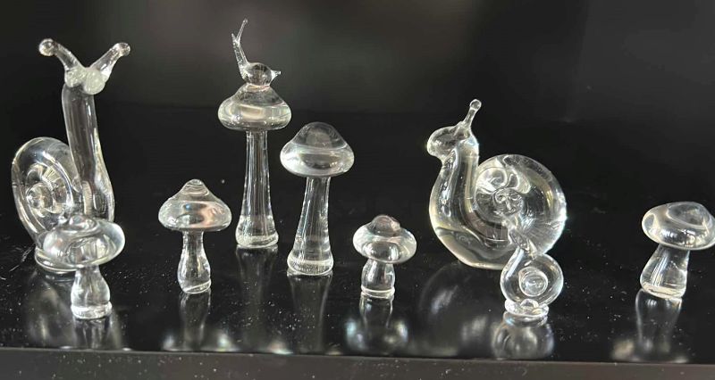 Photo 1 of HAND BLOWN GLASS FIGURINES SNAILS AND MUSHROOMS TALLEST 3.5”