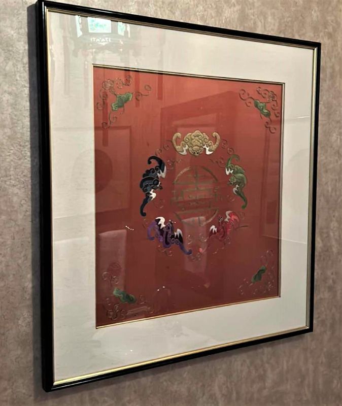 Photo 1 of ANTIQUE CHINESE TEXTILE FABRIC, SILK WITH SILK THREAD HAND EMBROIDERY ARTWORK FRAMED 18" X 18"