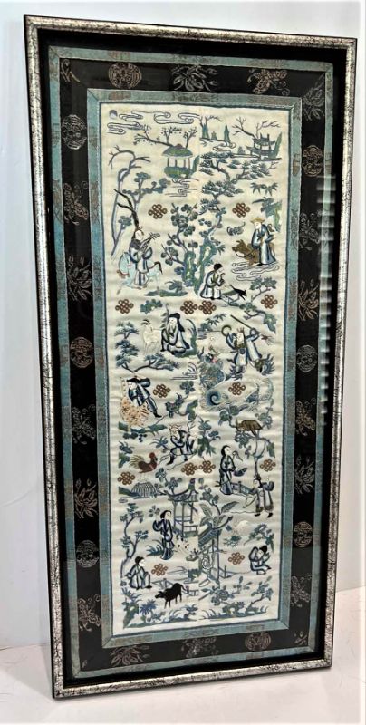 Photo 1 of ANTIQUE CHINESE TEXTILE FABRIC, SILK WITH SILK THREAD HAND EMBROIDERY FRAMED