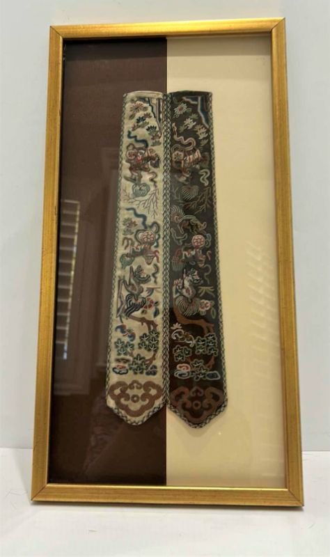 Photo 1 of ANTIQUE CHINESE TEXTILE FABRIC, SILK WITH SILK THREAD HAND EMBROIDERY ARTWORK FRAMED   9” x 17