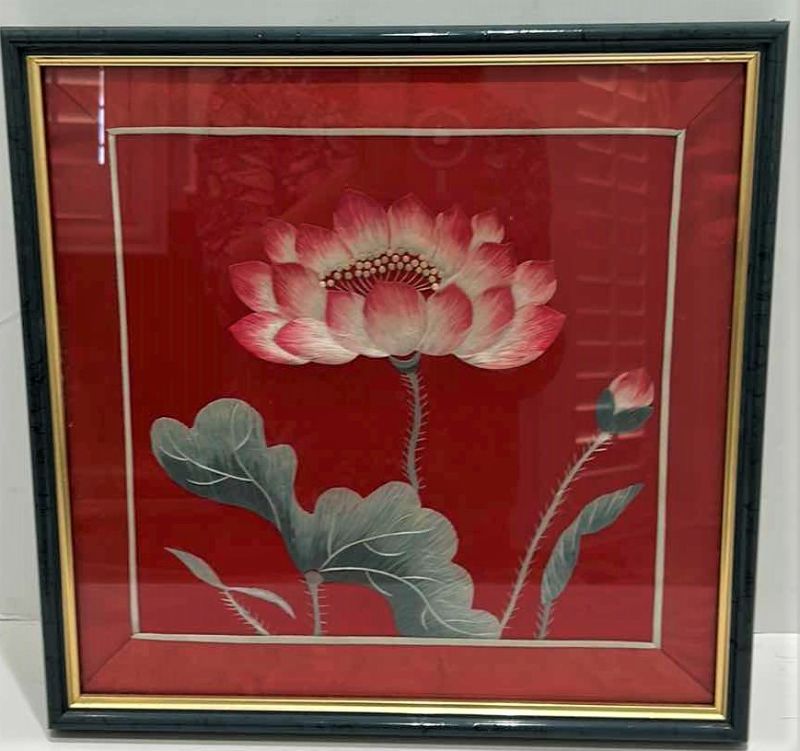 Photo 1 of ANTIQUE CHINESE TEXTILE FABRIC, SILK WITH SILK THREAD HAND EMBROIDERY ARTWORK FRAMED 13 1/2” x 13 1/2”
