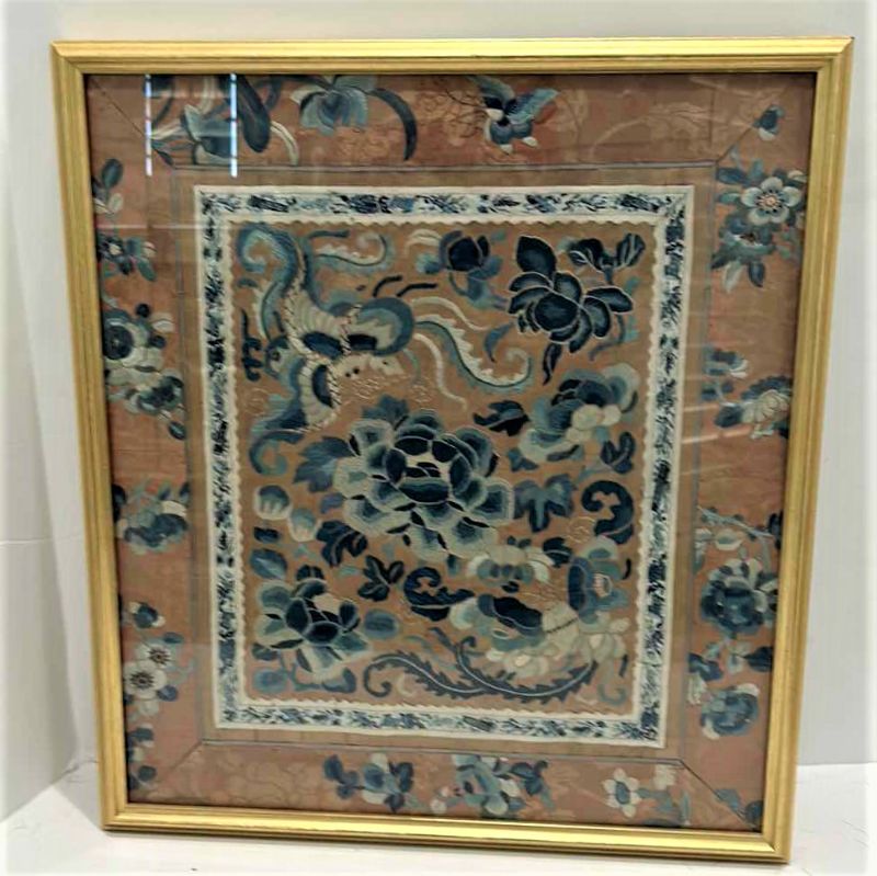 Photo 1 of ANTIQUE CHINESE TEXTILE FABRIC, SILK WITH SILK THREAD HAND EMBROIDERY ARTWORK FRAMED 16 1/2” x 18 1/2”