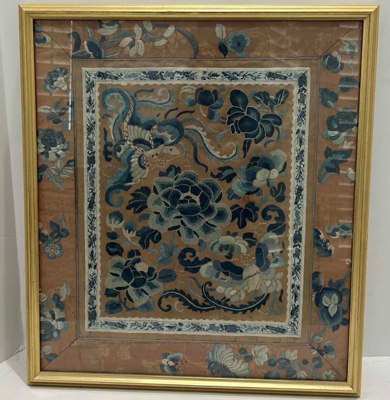 Photo 1 of ANTIQUE CHINESE TEXTILE FABRIC, SILK WITH SILK THREAD HAND EMBROIDERY ARTWORK FRAMED14 1/2” x 17” 16 1/2” x 18 1/2”