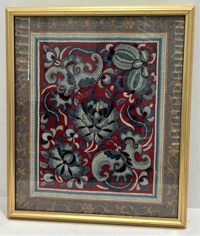 Photo 1 of ANTIQUE CHINESE TEXTILE FABRIC, SILK WITH SILK THREAD HAND EMBROIDERY ARTWORK FRAMED 14 1/2” x 17”