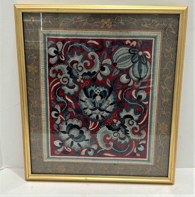 Photo 1 of 1ANTIQUE CHINESE TEXTILE FABRIC, SILK WITH SILK THREAD HAND EMBROIDERY ARTWORK FRAMED 14 1/2” x 17”4 1/2” x 17”