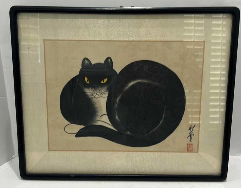 Photo 1 of VINTAGE CHINESE SIGNED "CAT" ARTWORK ON PAPER SCROLL18 1/2” x 15”
