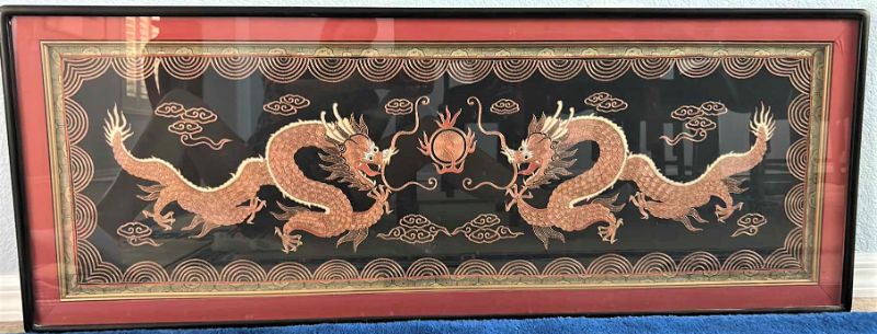 Photo 1 of ANTIQUE CHINESE TEXTILE FABRIC, DRAGONS  SILK WITH SILK THREAD HAND EMBROIDERY ARTWORK FRAMED 4’ x 19”