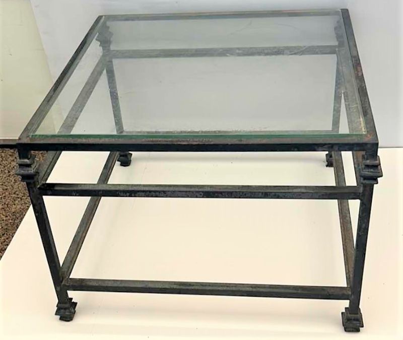 Photo 2 of HEAVY AGED METAL COFFEE TABLE WITH 3 GLASS PIECES FROM MONTEREY CA $760 in 1989 27” x 27” x H19”