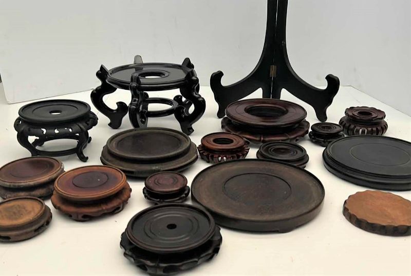 Photo 1 of BOX OF CHINESE WOOD VASE / POT STANDS, LARGEST FITS  7.25” BASE