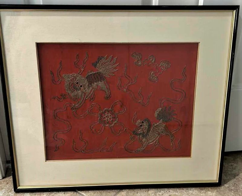 Photo 1 of VINTAGE CHINESE SILK FABRIC WITH SILK EMROIDERY FRAMED ARTWORK 21” x 25”