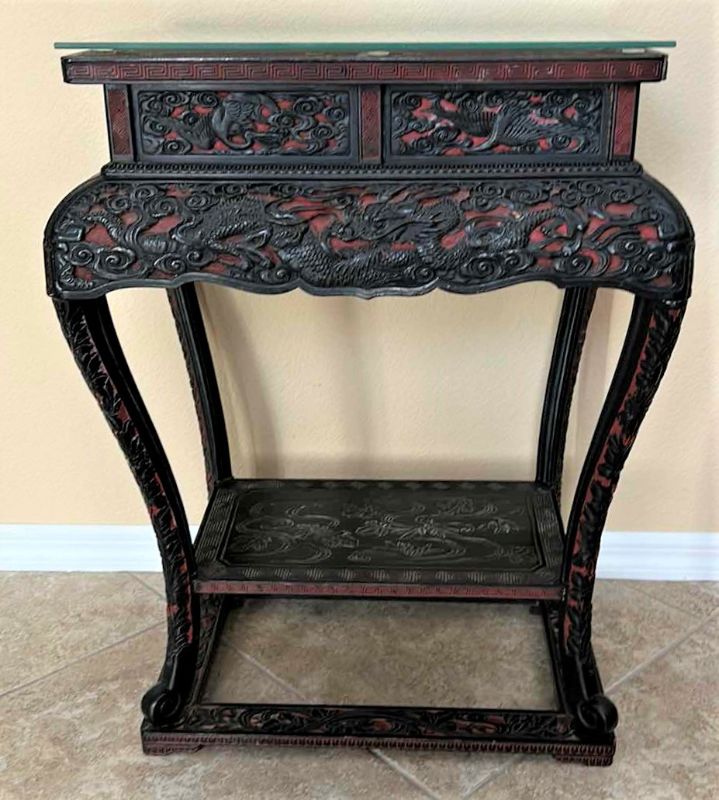 Photo 1 of VINTAGE ORNATELY CARVED ASIAN WOOD/LACQUER GLASS TOP TABLE  24 1/2“ x 17“ x H31“