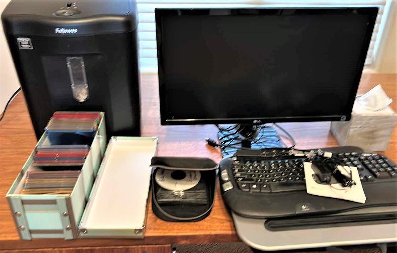 Photo 1 of OFFICE EQUIPMENT- SHREDDER, KEYBOARD, MONITOR AND MORE