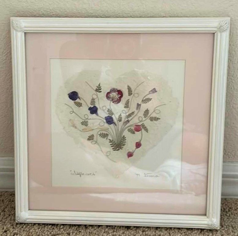 Photo 1 of "Wildflowers" signed pressed flower heart artwork framed 11“ x 11“