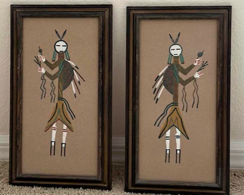 Photo 1 of 2 - Navajo Indian sandpainting artwork by Nettie Peters framed 7 1/2” x 13”