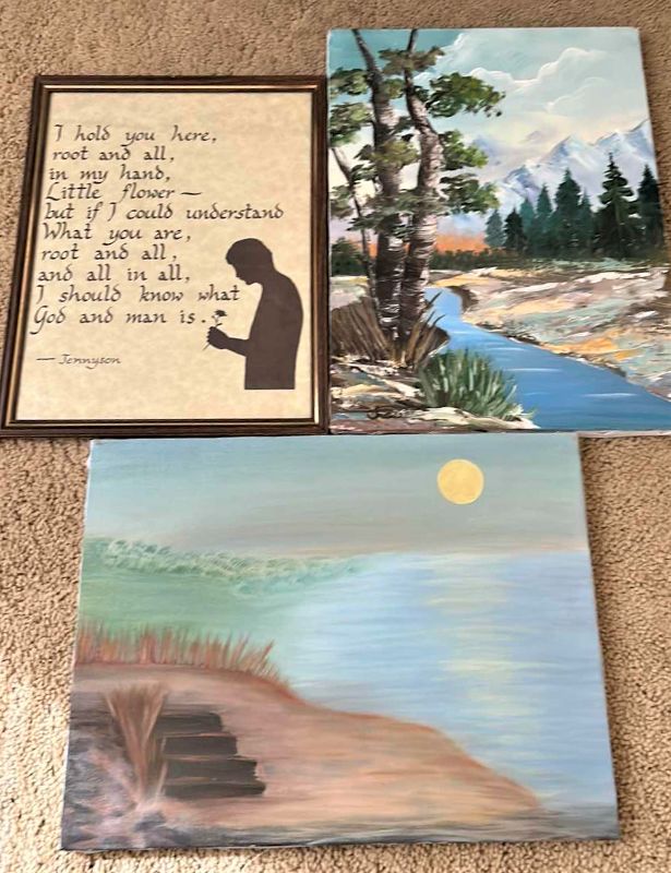 Photo 1 of 3 - pieces  of artwork, 2 original oil on canvas landscapes and 1 Jennyson  "saying". (2 canvases are 12” x 16”)