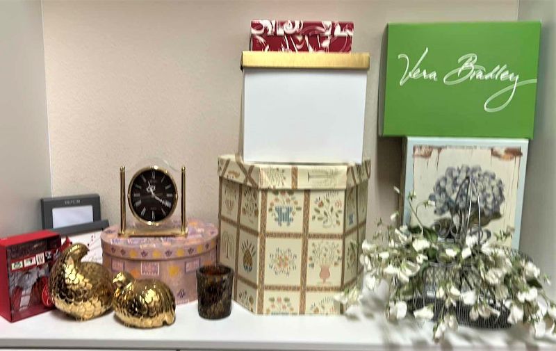 Photo 1 of Home decor assortment- gold quail, floral, hat boxes, and more