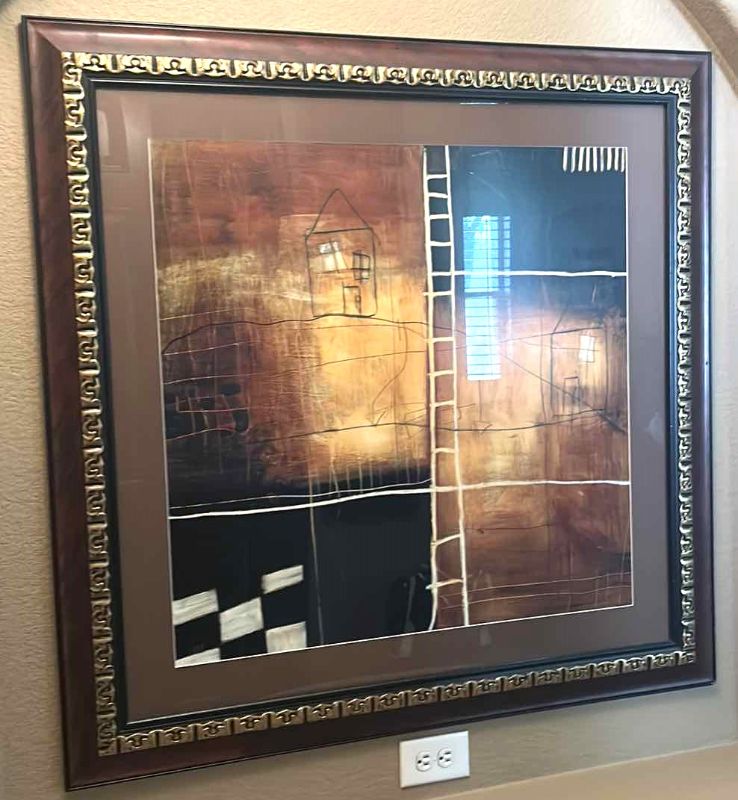 Photo 1 of ABSTRACT "HOUSE AND LADDER" GOLD AND BRONZE TONE ARTWORK FRAMED 45” x 45”