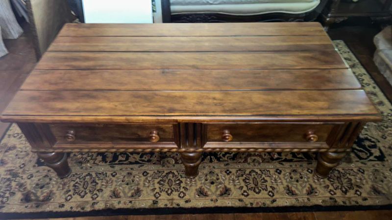 Photo 1 of ERNEST HEMMINGWAY FURNITURE COLLECTION- WOOD COFFEE TABLE WITH DRAWERS BY THOMASVILLE 59” x 31” x 20”