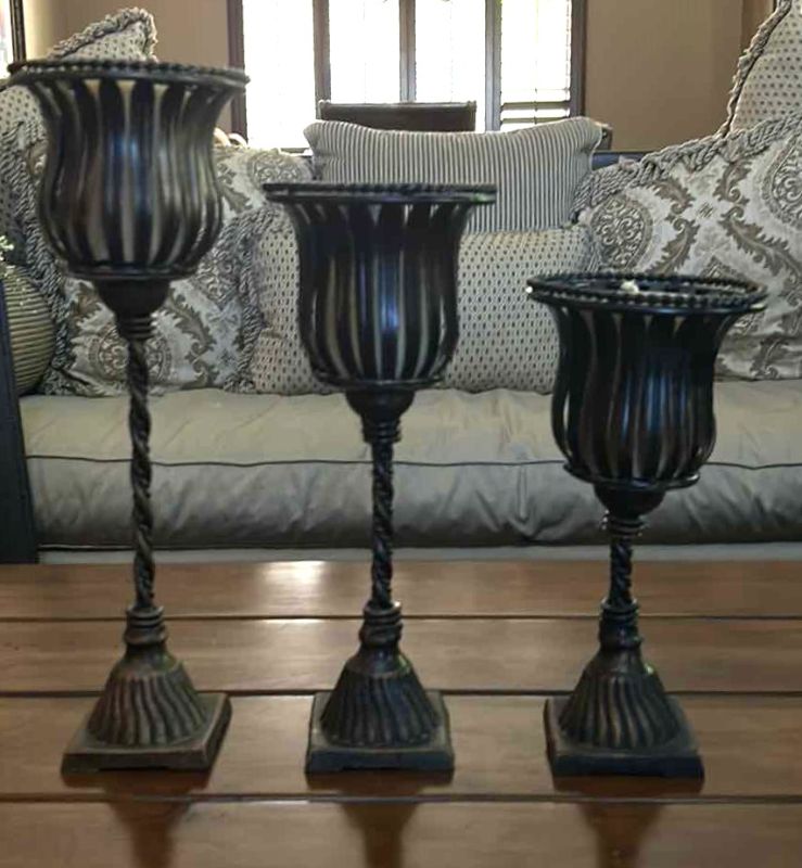 Photo 1 of 3 METAL GRADUATED CANDLE HOLDERS WITH CANDLES (TALLEST 16 1/2")