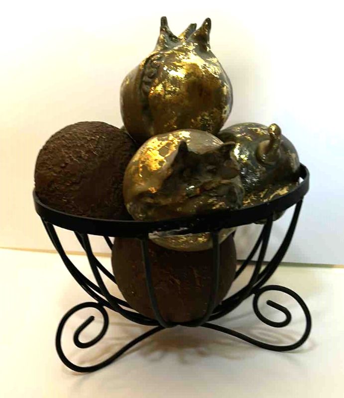 Photo 6 of METAL BOWL WITH GOLDEN POMEGRANATES AND METAL ORBS 5"  (BASKET  10” x H 7”)