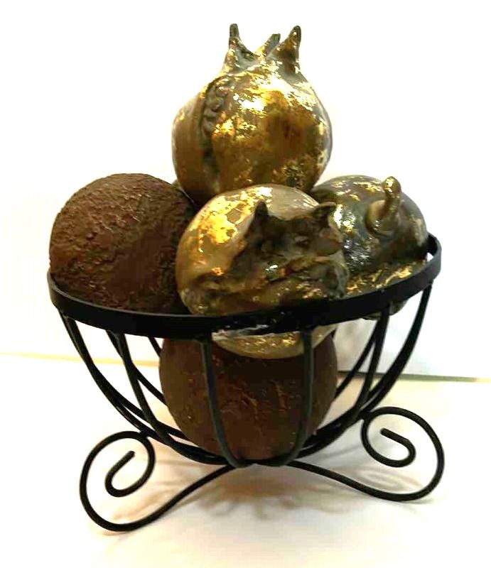 Photo 1 of METAL BOWL WITH GOLDEN POMEGRANATES AND METAL ORBS 5"  (BASKET  10” x H 7”)