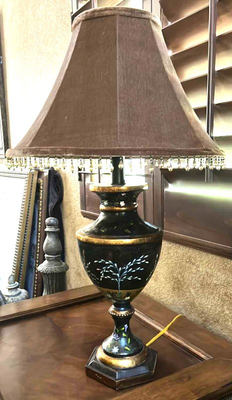 Photo 1 of BLACK AND GOLD TABLE LAMP WITH EMBELISHED FABRIC SHADE H 31"