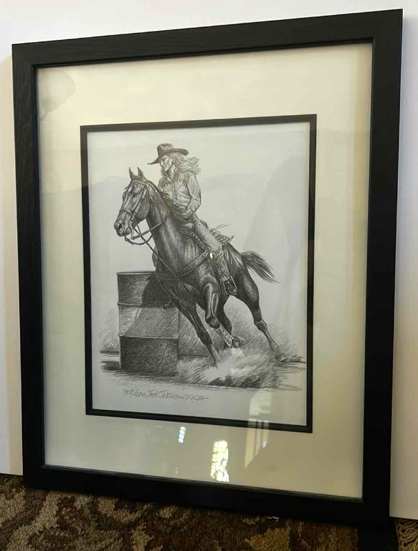 Photo 1 of BLACK AND WHITE PENCIL SKETCH SIGNED AND NUMBERED “BARREL RIDING” 17 1/2” x 22 1/2”