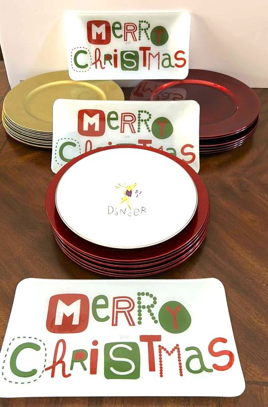 Photo 1 of KITCHEN ASSORTMENT- CHRISTMAS PLATTERS, REINDEER PLATE, RED AND GOLD PLATE CHARGERS