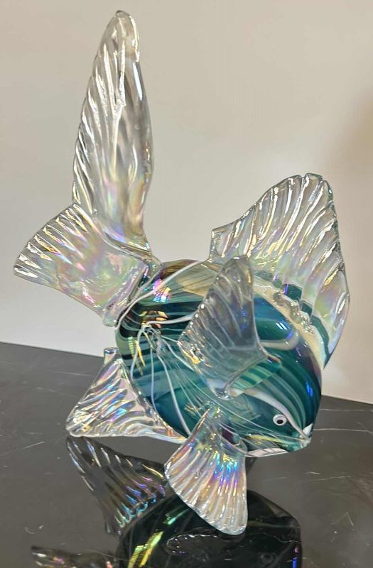 Photo 1 of HOME DECOR - HAND BLOWN GLASS IRIDESCENT FISH FIGURINE, SIGNED KEVIN FULTON, H10.5"