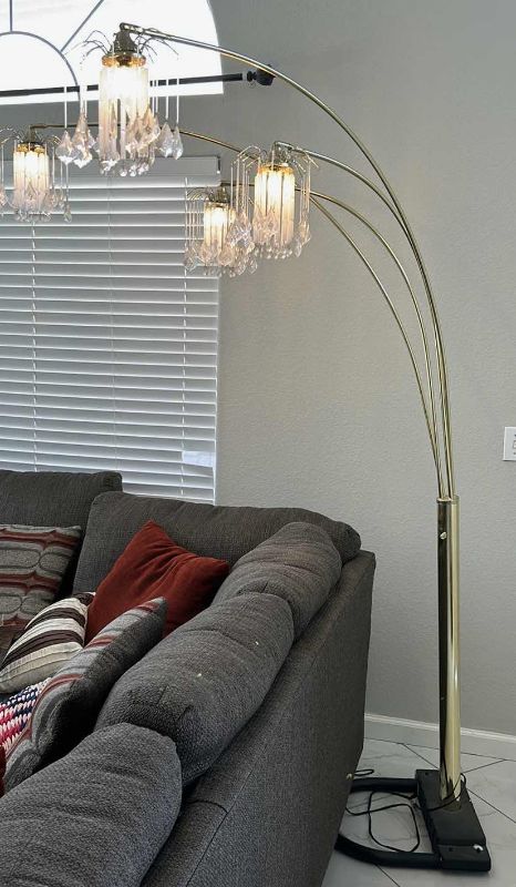 Photo 1 of 7’ BRASS, CRYSTAL AND GLASS MULTI BULB FLOOR LAMP