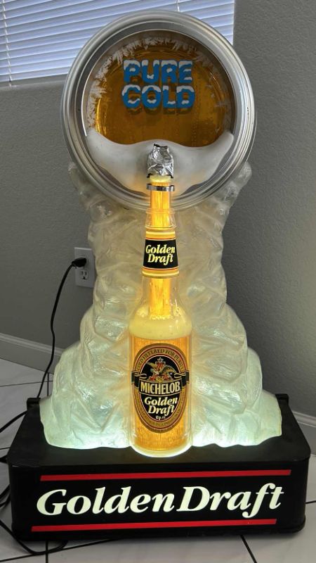 Photo 1 of  3 FOOT TALL - MICHELOB GOLDEN DRAFT BEER NEON LIGHT - SHOWS BEER COMING OUT OF TAP  21“ x 9“ x 3‘