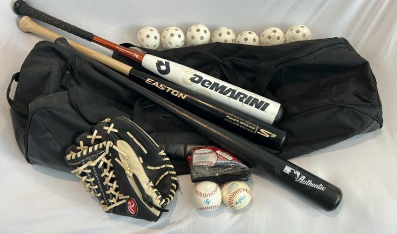 Photo 1 of DEMARINI BASEBALL BAG WITH CONTENTS 3 BASEBALL BATS, GLOVE, BASEBALLS, WIFFLE BALLS