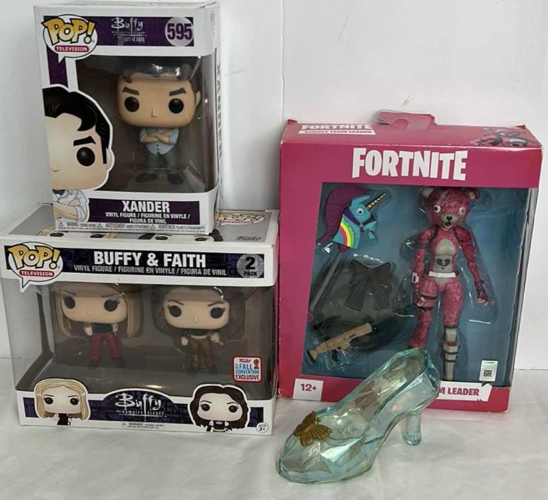 Photo 1 of 4 FIGURINES- 2 POP, FORTNITE AND SLIPPER