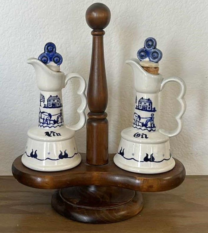 Photo 1 of VINTAGE PAINTED PORCELAIN VINEGAR AND OIL ON WOOD STAND H10.5”