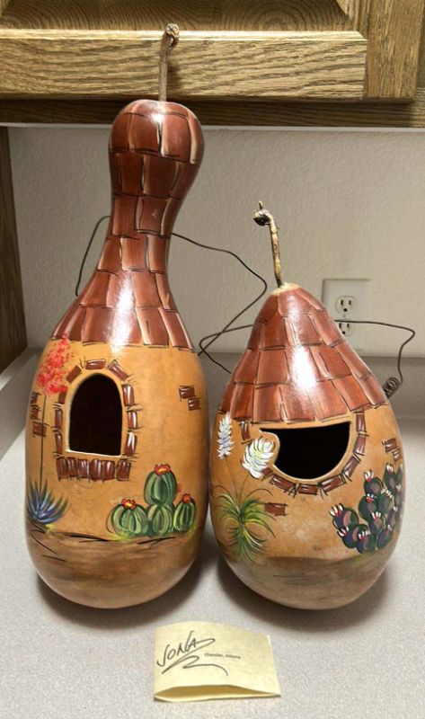 Photo 1 of 2 LARGE HANDPAINTED SIGNED GOURDS JONA