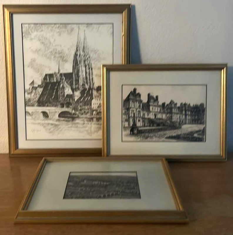 Photo 1 of 3 PC VINTAGE ART COLLECTION SIGNED DATED 1941 PEN AND INK GOLD FRAMED (LARGEST 14 1/4” x 17 1/2”)