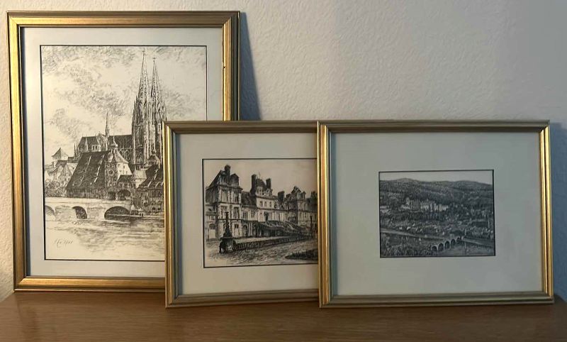 Photo 2 of 3 PC VINTAGE ART COLLECTION SIGNED DATED 1941 PEN AND INK GOLD FRAMED (LARGEST 14 1/4” x 17 1/2”)