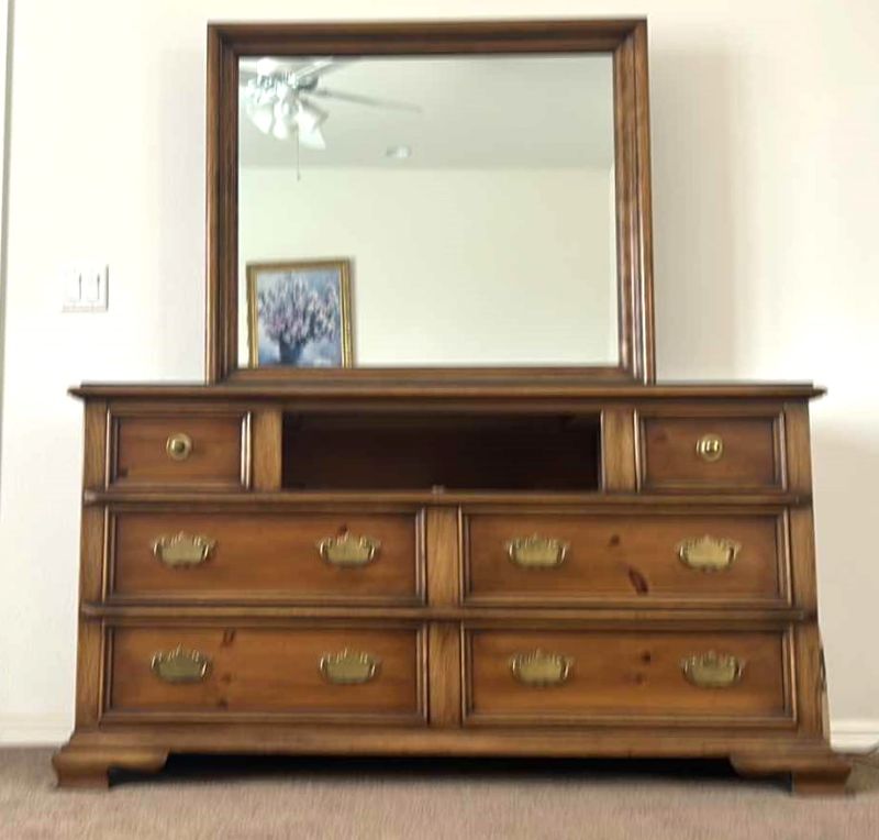Photo 2 of DRESSER WITH MISSING DRAWER (COULD BE CUSTOMIZED) GLASS TOP AND ATTACHED MIRROR  62.5 x 21” x H 33”