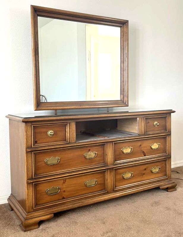 Photo 1 of DRESSER WITH MISSING DRAWER (COULD BE CUSTOMIZED) GLASS TOP AND ATTACHED MIRROR  62.5 x 21” x H 33”