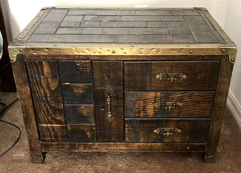 Photo 1 of VINTAGE  RUSTIC TRUNK STYLE END TABLE W DRAWERS 29 x 9 x 20