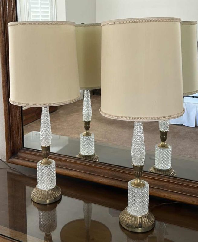 Photo 1 of 2 VINTAGE CRYSTAL LAMPS w LINEN SHADES H29”
