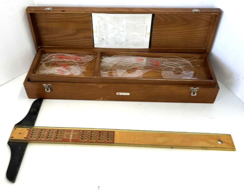Photo 1 of RARE VINTAGE DRAFTING TOOLS - WOOD BOX W COPENHAGEN SHIP CURVES AND STRAIGHT RULE