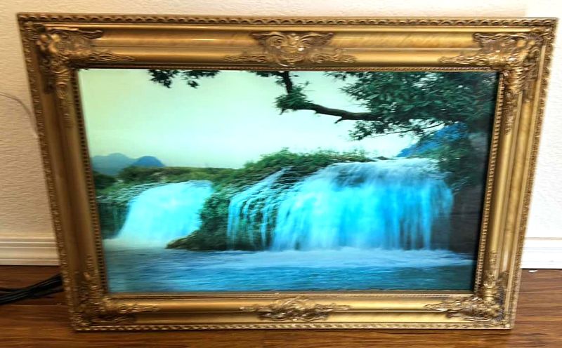 Photo 1 of 1970’s WALL ART - VINTAGE MOTION AND SOUND  LIGHT UP WATERFALL (online $100 to $400   26 1/2” x 18 1/2