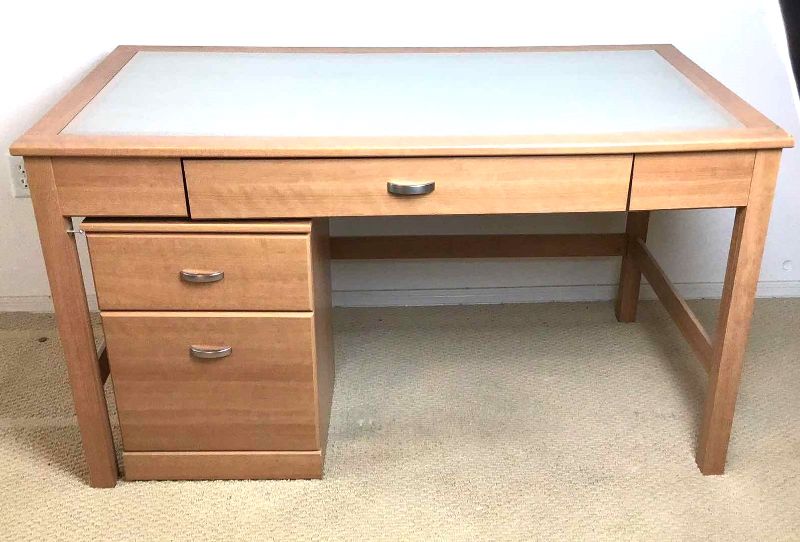 Photo 1 of WOOD DESK W REMOVABLE RESIN TOP AND MATCHING PULL AWAY FILING CABINET 52” X 28” H29”