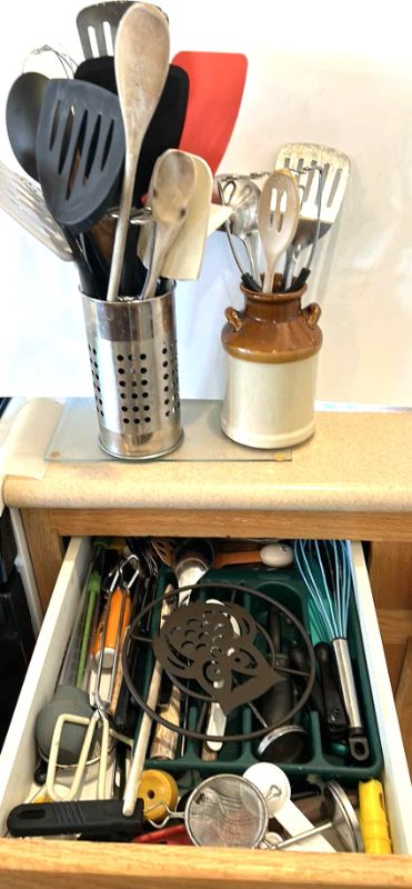 Photo 1 of CONTENTS OF KITCHEN DRAWERS AND TWO CONTAINERS WITH SPATULAS AND MORE