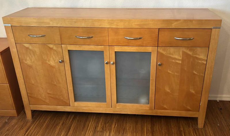 Photo 1 of BEAUTIFUL MID CENTURY BURL SATINWOOD SIDEBOARD WITH CHROME ACCENTS AND FROSTED GLASS (CONTENTS NOT INCLUDED) 67“ x 17“ x 40“