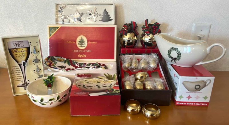 Photo 1 of NEW BOXED CHRISTMAS ITEMS (1 NAPKIN RING IS MISSING FROM BOX)
