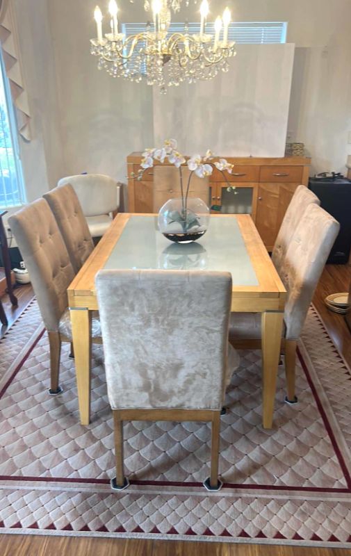 Photo 1 of HONEY MAPLE SCANDANAVIAN WOOD TABLE WITH FROSTED GLASS TOP WITH 6 CHAIRS 38” x 60” x H39.5”  30" EXTENSION (CENTERPECE SOLD SEPERATELY)