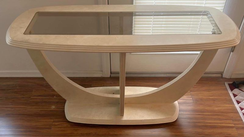 Photo 1 of CONTEMPORARY CREAM ENTRY TABLE, METAL W GLASS TOP 49” x 20” x 27”