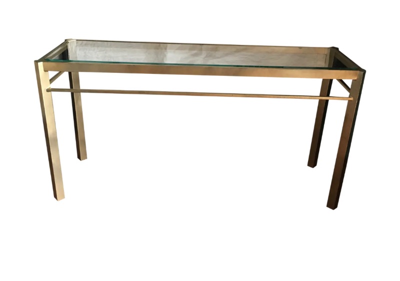 Photo 2 of MIDCENTURY MODERN 1979s MILO BAUGHMAN STYLE BRASS AND GLASS CONSOLE TABLE  w 2 STOOLS 51 1/2“ x 16“ x 26 1/2“